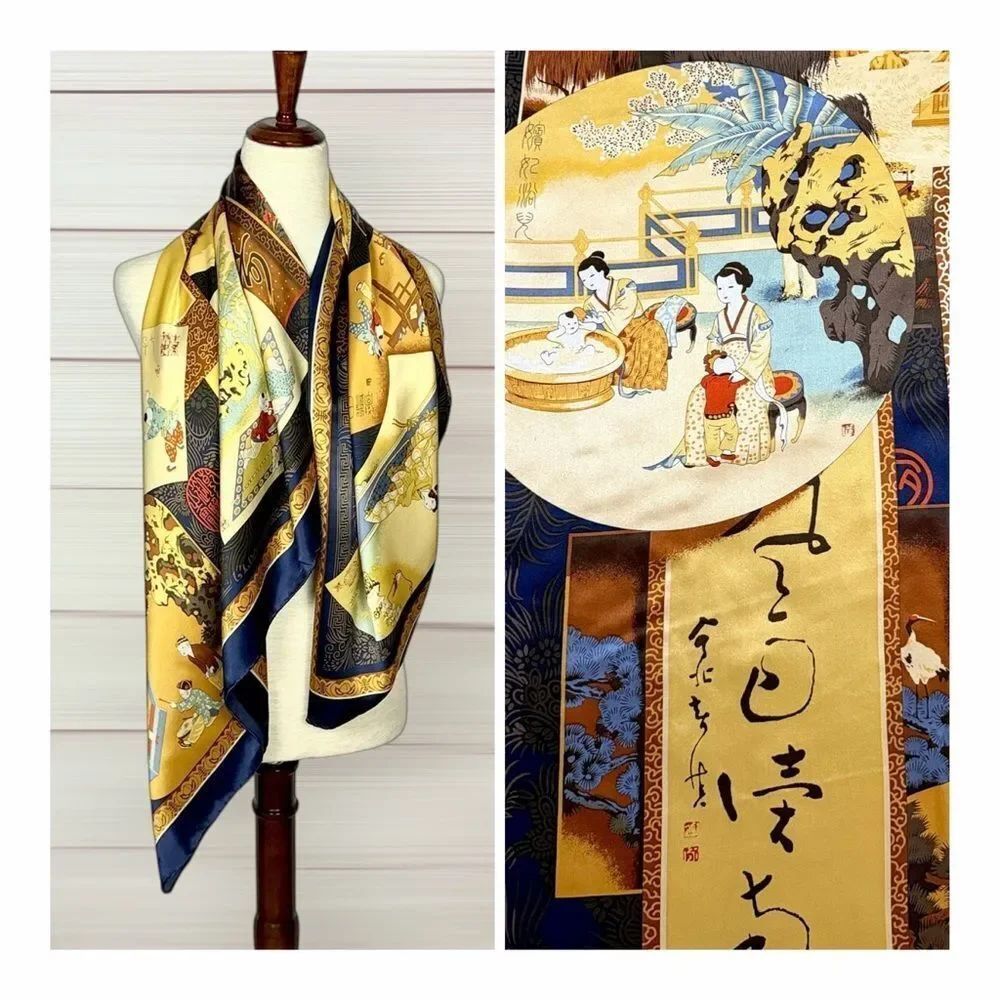Chinese Mulberry Silk Scarf Blue Gold Calligraphy Children Scenes Nianhua Art